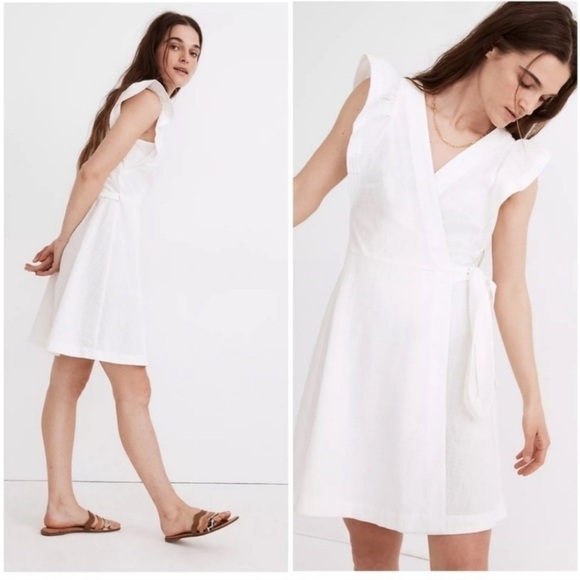 Madewell Dresses & Skirts - Madewell White Ivory Textured Ruffle-Sleeve Wrap Mini Dress 100% Cotton XS